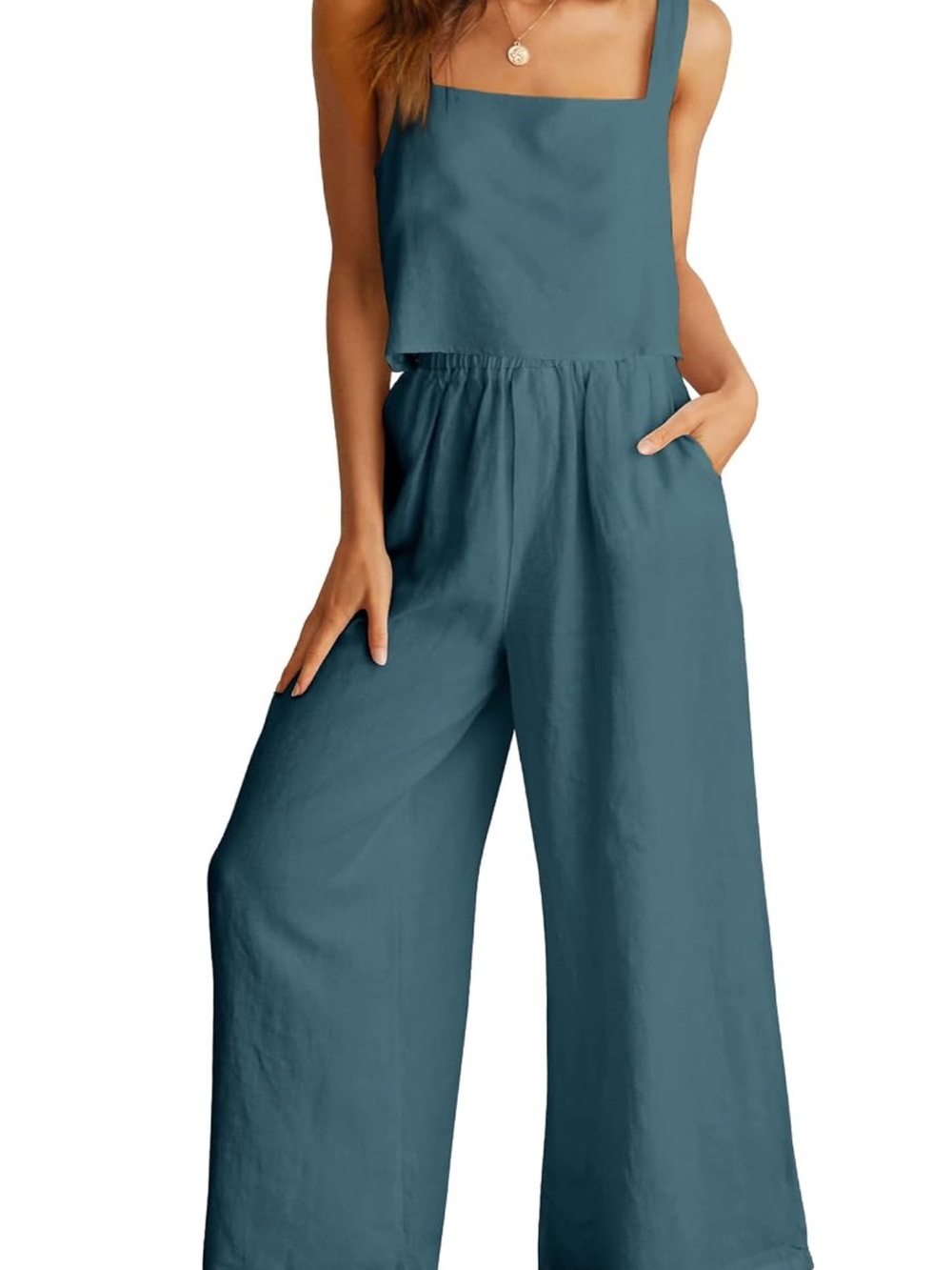 Wide-Leg Square-Neck Jumpsuit in Teal